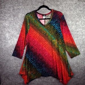 Vtg Jostar Tunic Top Womens M Colorful Slinky Knit Travel Handkerchief Hem